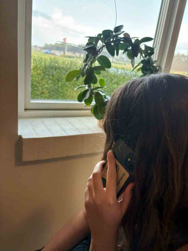 Pige taler i mobiltelefon og kigger ud af vinduet
